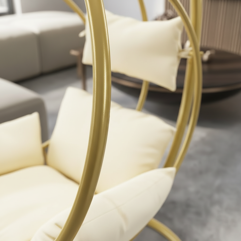 Luxury Gold Orbit Swing Chair – Modern Stainless Steel Hanging Chair with Premium Cream Cushions & Elegant Curved Stand - Image 3