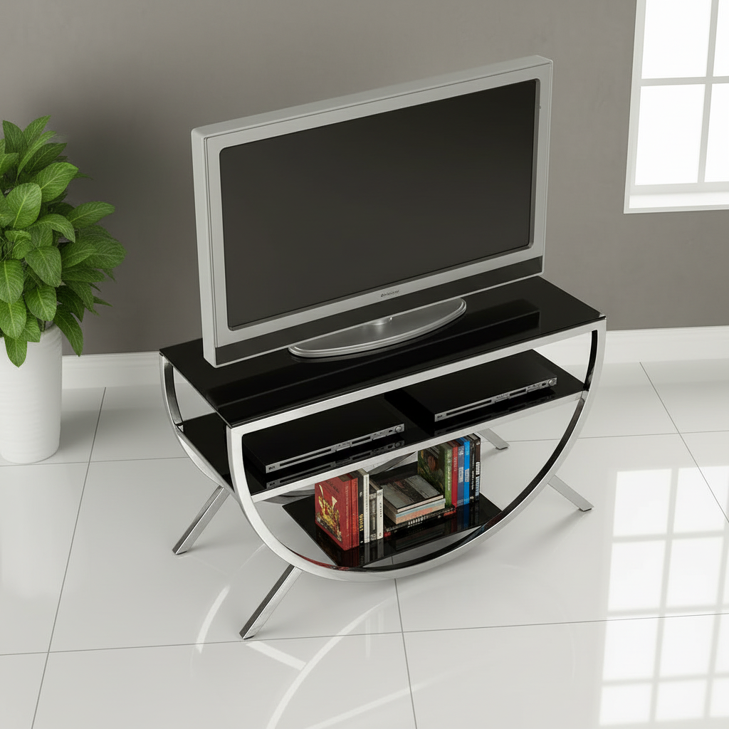 Modern Silver Chrome TV Stand – Luxury Minimalist Entertainment Center with Tiered Black Glass Shelves & Curvilinear Metal Frame - Image 4