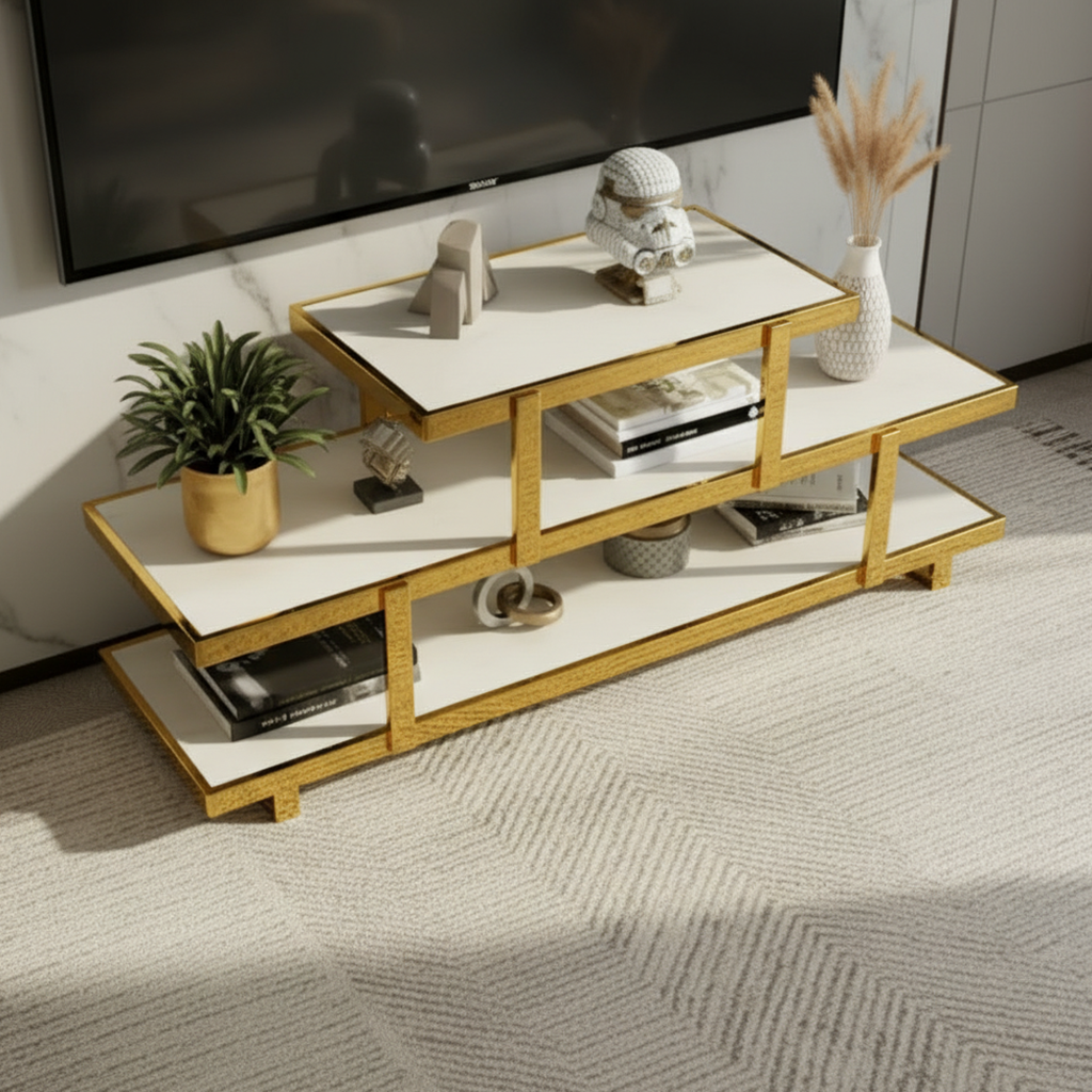 Luxury Marble Top TV Unit – Modern Gold Stainless Steel Media Console with Fluted Texture & Rounded Edges - Image 4