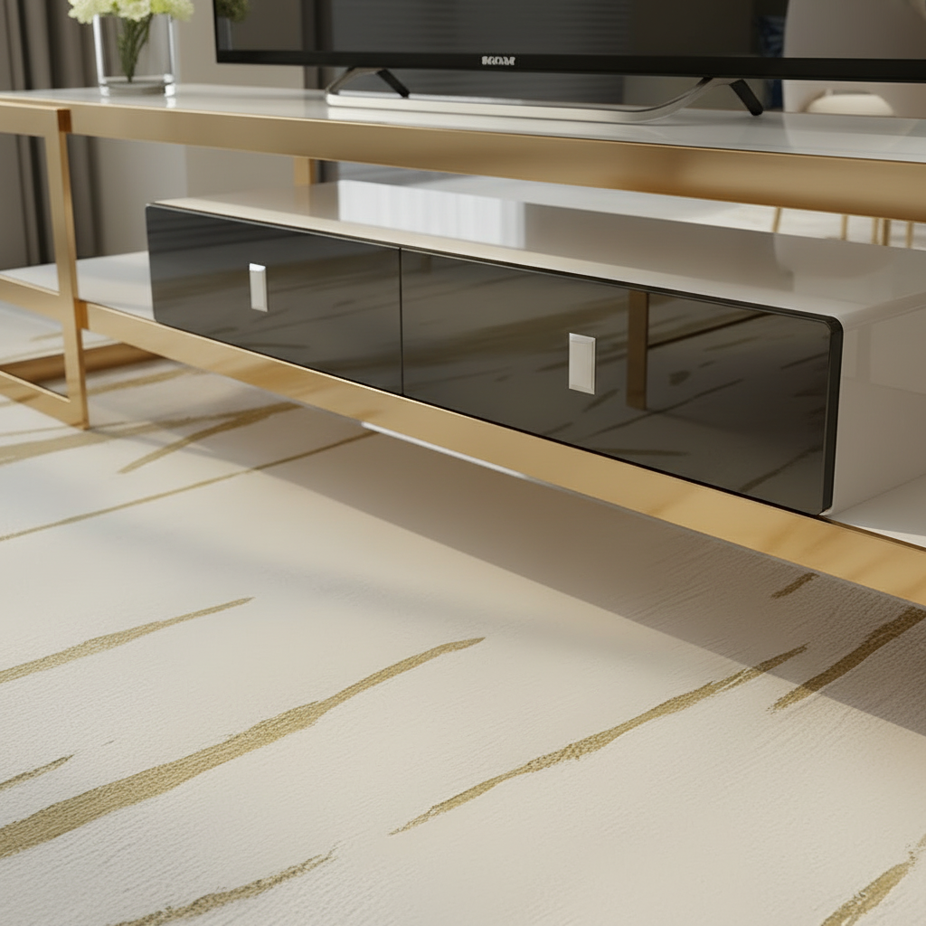 Luxury Gold Stainless Steel TV Unit – Modern Multi-Tier Media Console with White Marble Shelves & Geometric Frame Design - Image 3