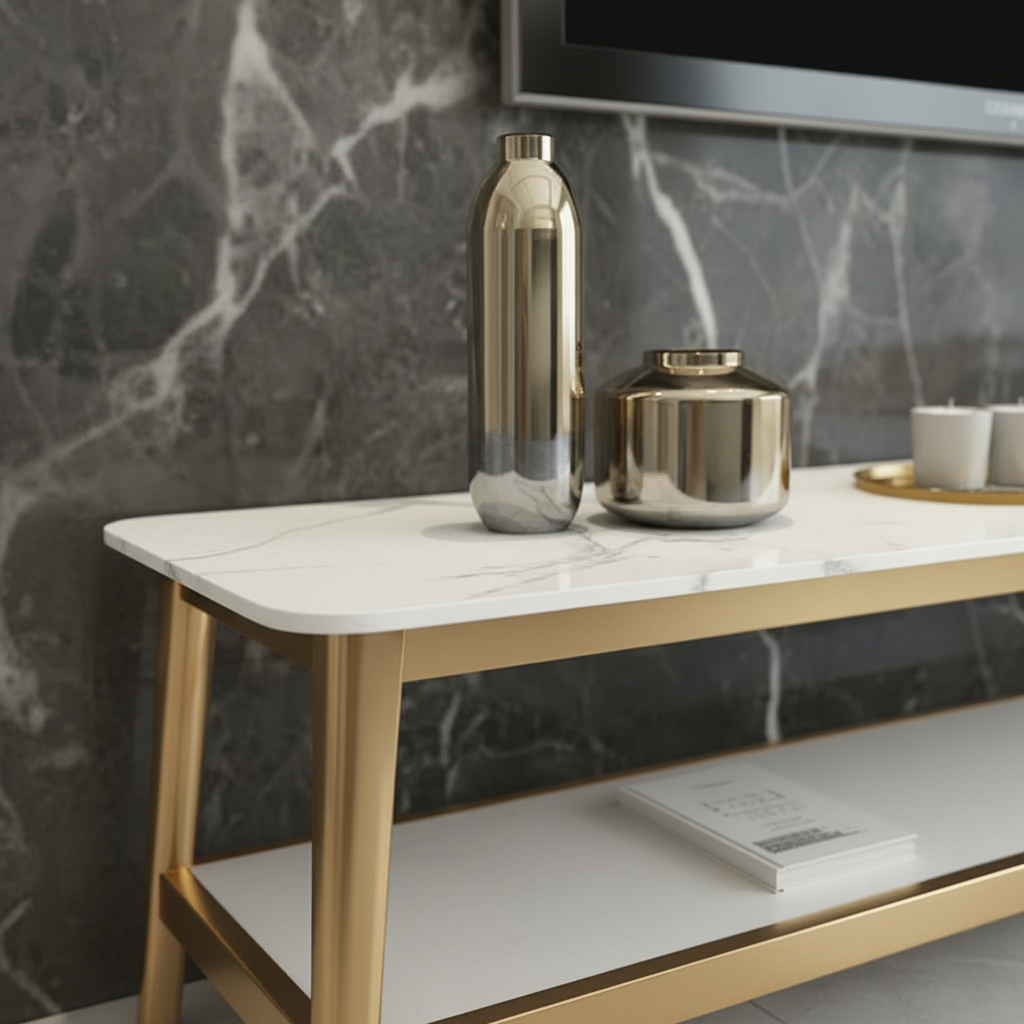 Luxury Gold Stainless Steel TV Stand – Modern Open-Concept Media Console with Marble Tiers & Geometric Interlocking Frame - Image 3
