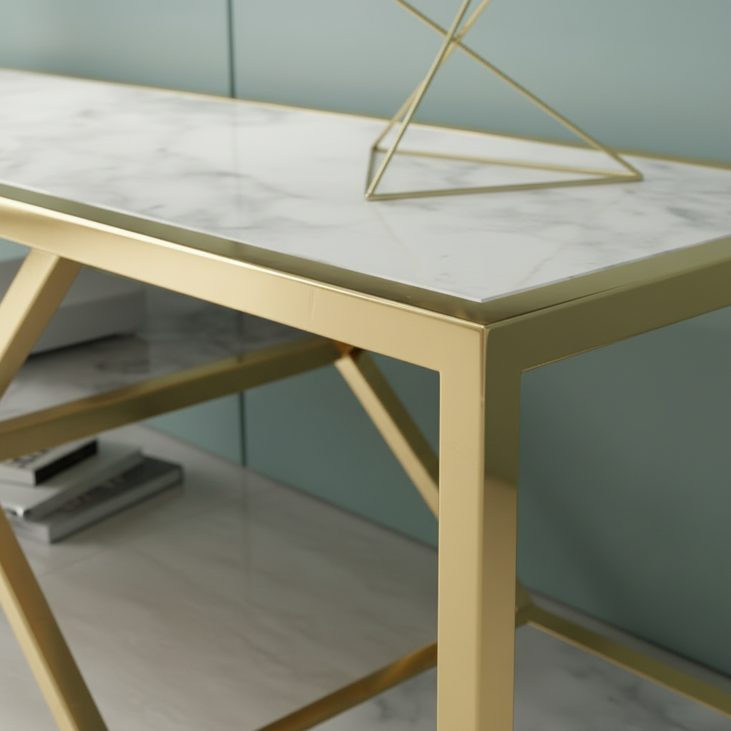 Modern Luxury White Marble TV Unit – Geometric Gold Stainless Steel Frame Media Stand with Multi-Level Open Shelving - Image 4