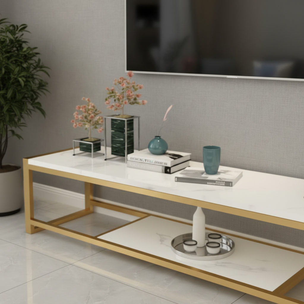 Minimalist Luxury White Marble TV Stand – Modern Gold Stainless Steel Frame Media Console with Integrated Low-Profile Shelf - Image 4