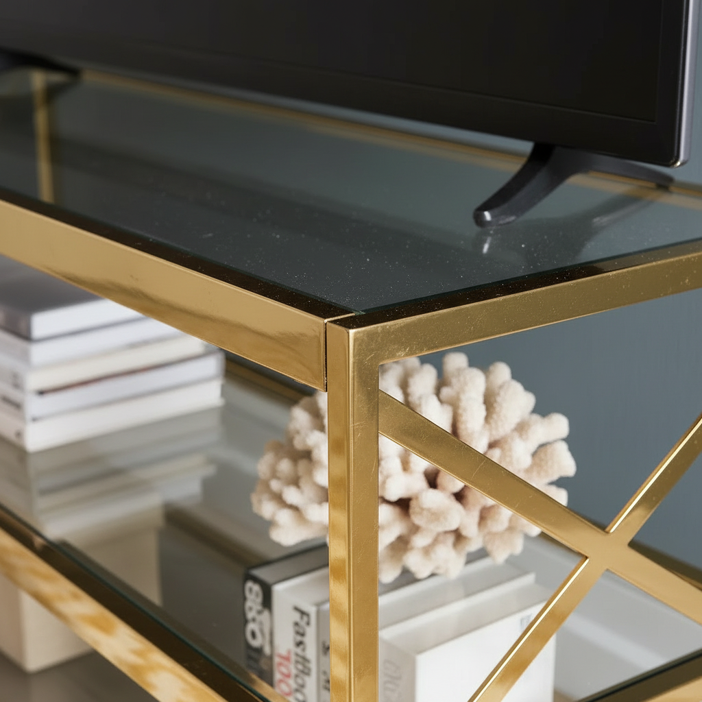 Luxury White Marble TV Unit – Modern Gold Stainless Steel Media Console with Rectangular Open Frames & Elegant Display Shelves - Image 3