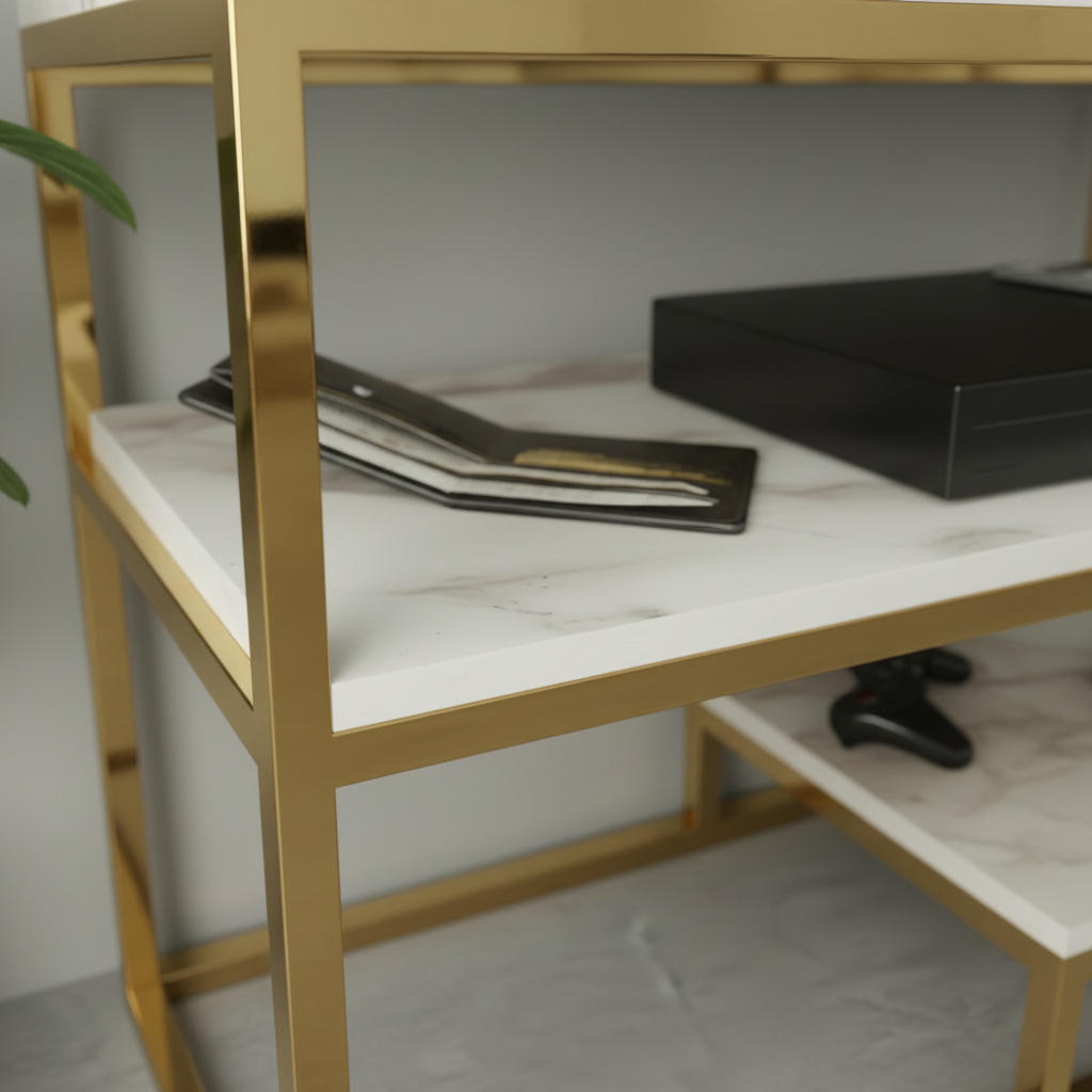 Luxury Modern White Marble TV Stand – Elegant Gold Stainless Steel Frame Media Console with Integrated Floating Shelf Design - Image 3
