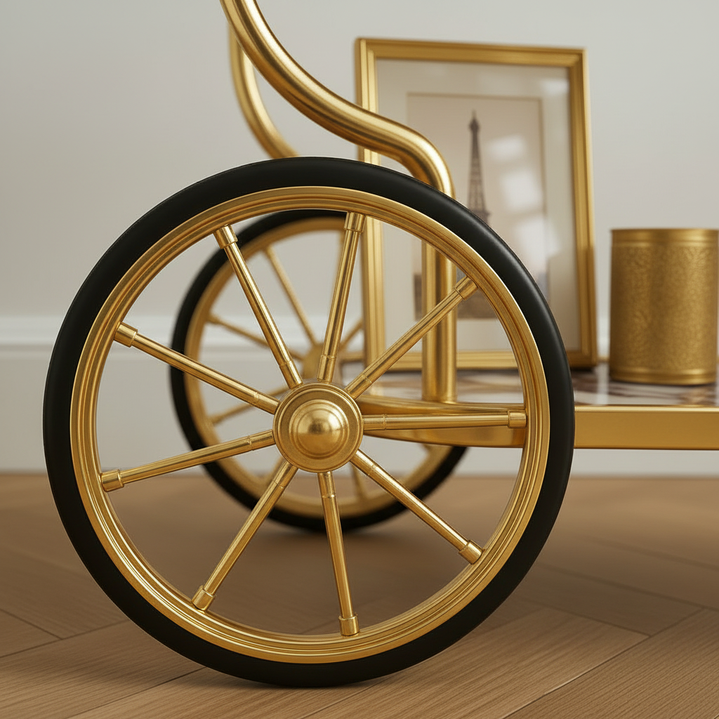 Vintage Luxury Gold Bar Cart – 3-Tier Rolling Serving Trolley with Premium Calacatta Viola Marble Shelves & Large Decorative Spokes Wheels - Image 4