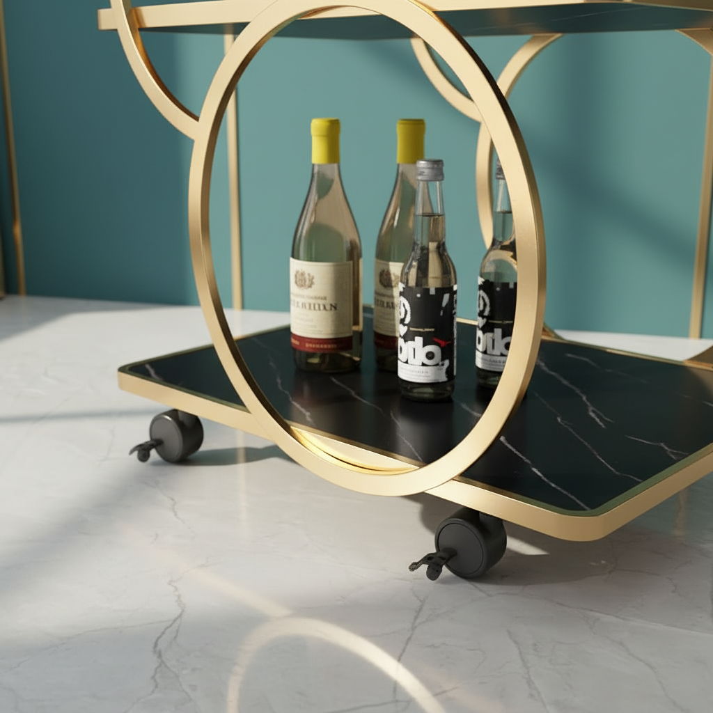 Luxury Geometric Gold Bar Cart – 3-Tier Round Nested Circle Serving Trolley with Black Marble Shelves & Heavy-Duty Locking Casters - Image 4