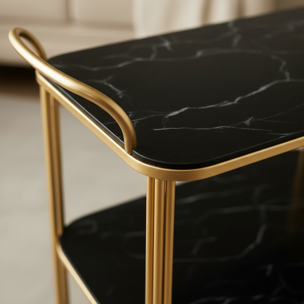 Modern Luxury 3-Tier Bar Cart – Elegant Gold Stainless Steel Serving Trolley with Black Marble Shelves & Integrated Dual Handles - Image 4