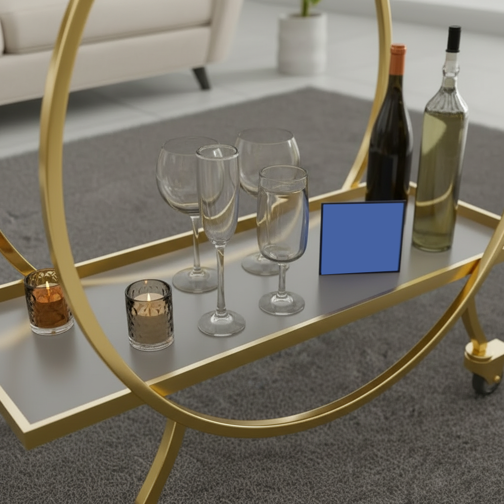 Modern Luxury Gold Bar Cart – Elegant 2-Tier Round Circle Frame Serving Trolley with Minimalist Grey Shelves and Rolling Casters - Image 3