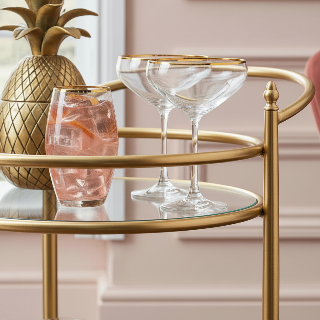 Luxury Round Gold Bar Cart – Elegant 2-Tier Glass Serving Trolley with Minimalist Circular Frame and Rolling Casters - Image 3
