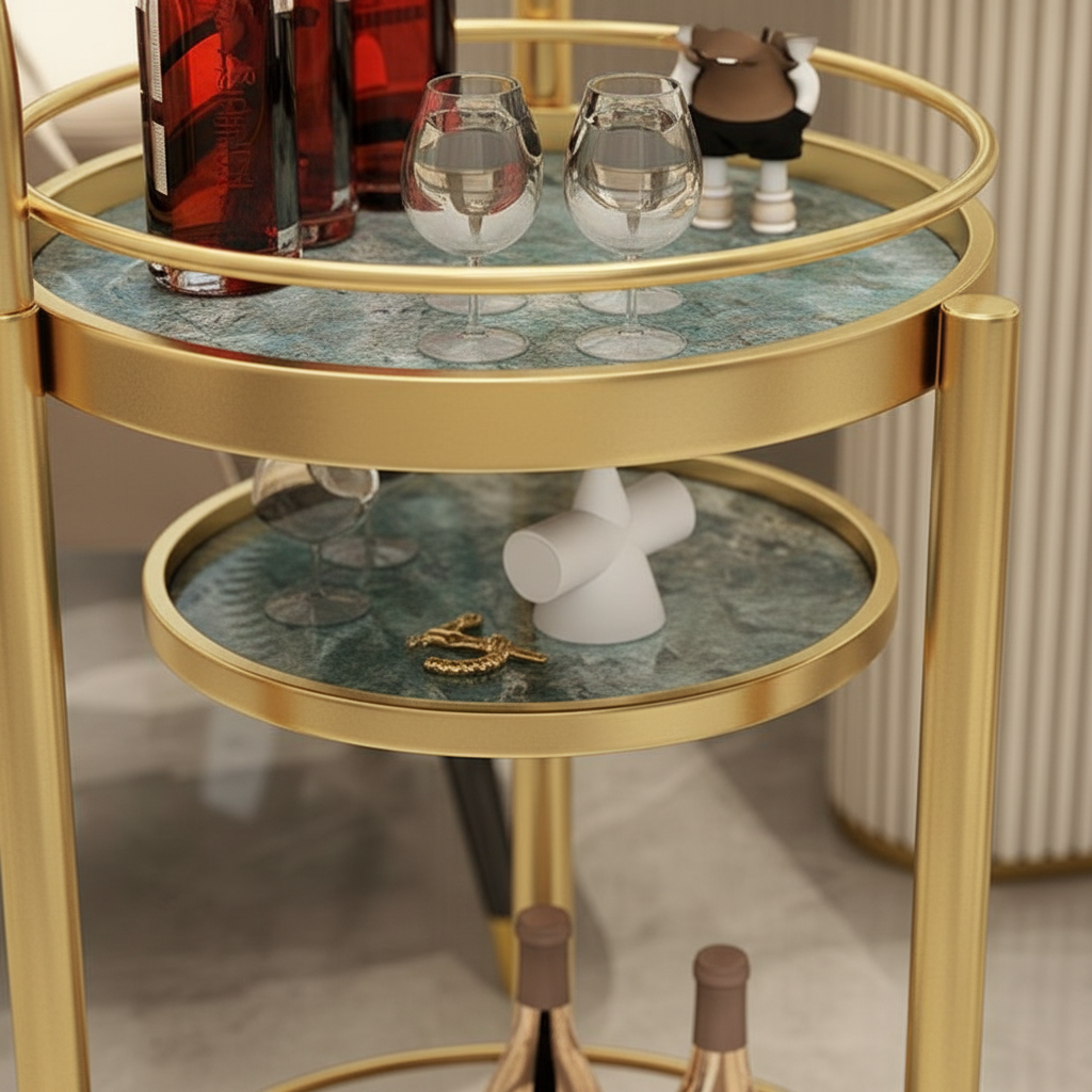 Luxury Modern Gold Bar Cart – Elegant 3-Tier Round Tiered Serving Trolley with marble Shelves and Mobile Rolling Casters - Image 3