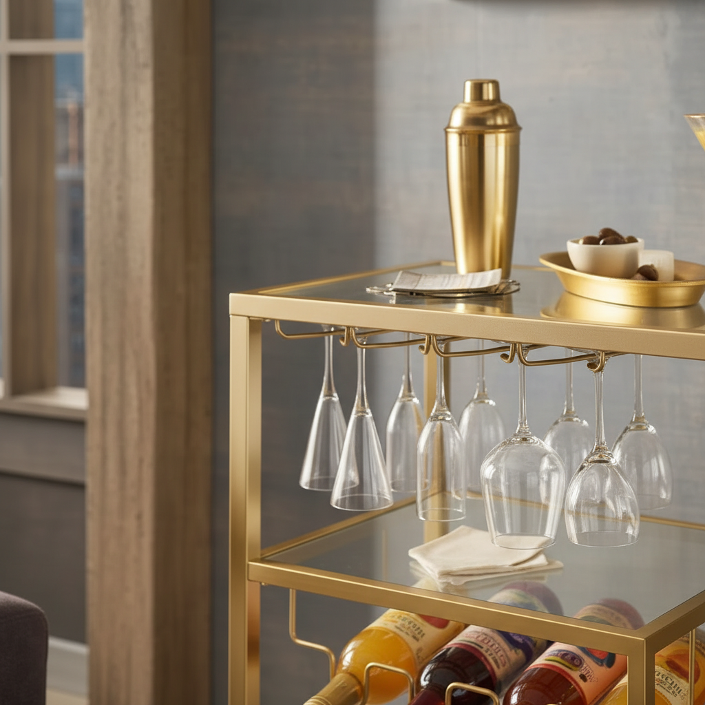 Luxury Multi-Tier Gold Bar Cart – Elegant Serving Trolley with Built-in Wine Glass Rack, Bottle Holder, and Glass Shelves on Rolling Wheels - Image 4