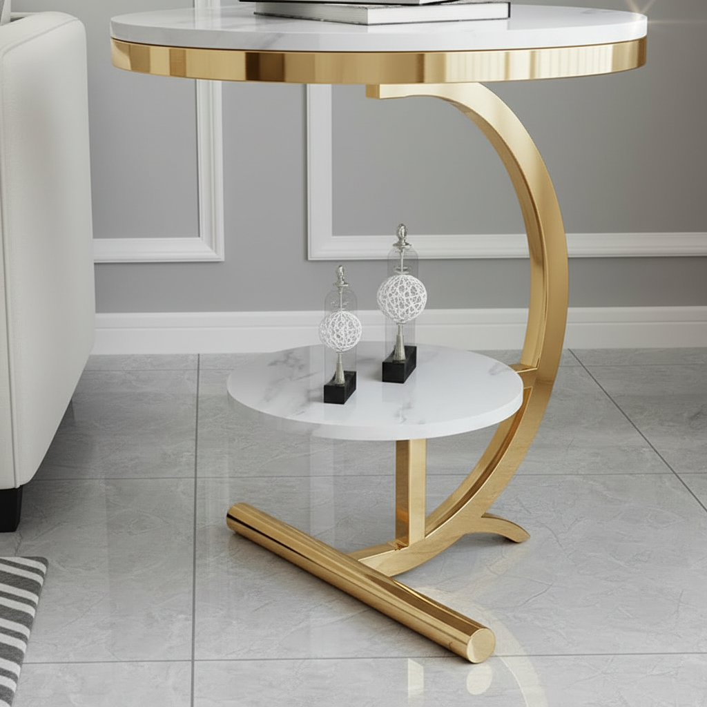 Modern Gold C-Frame Double Marble Side Table - Image 4