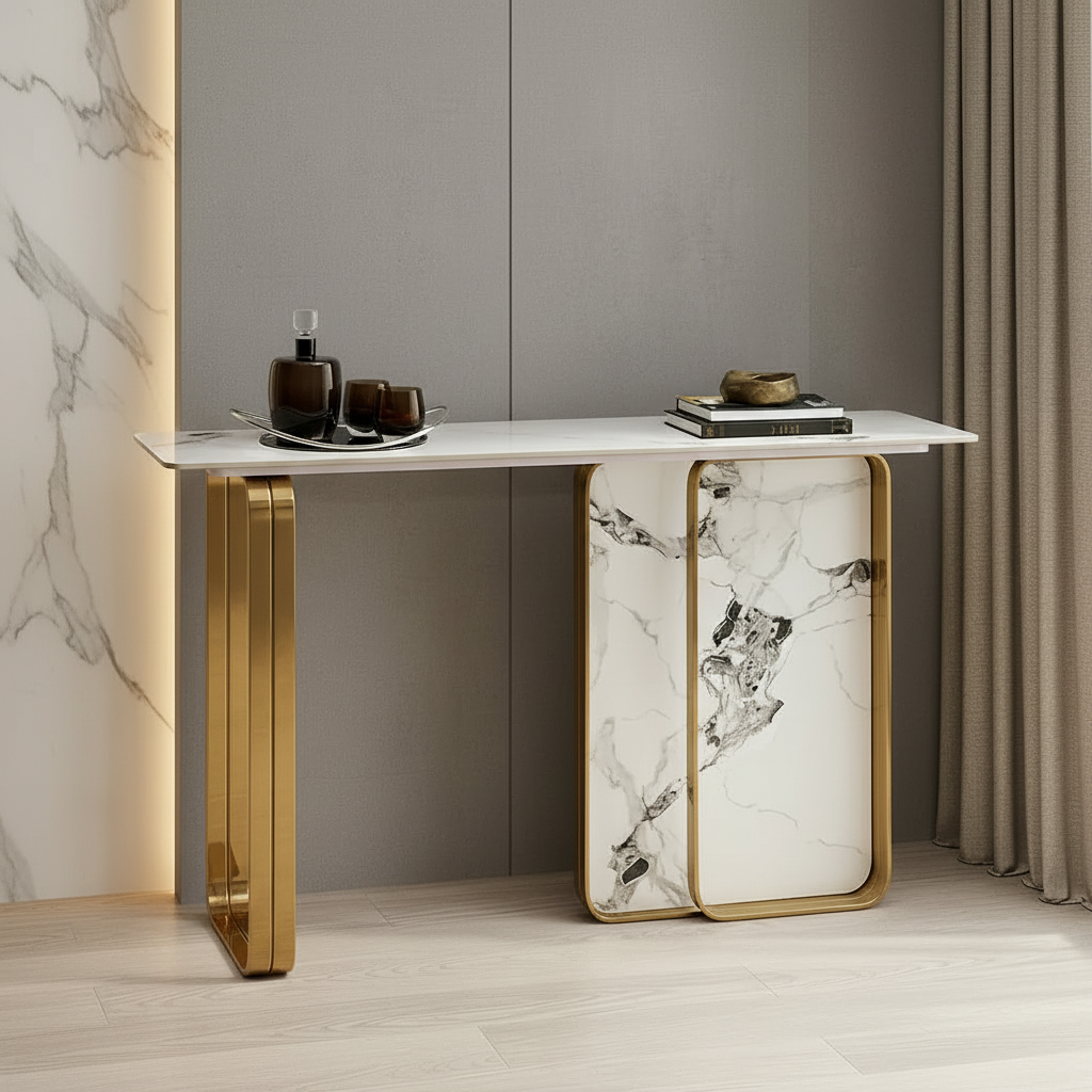 Gold Rounded-Frame Marble Console Table - Image 4