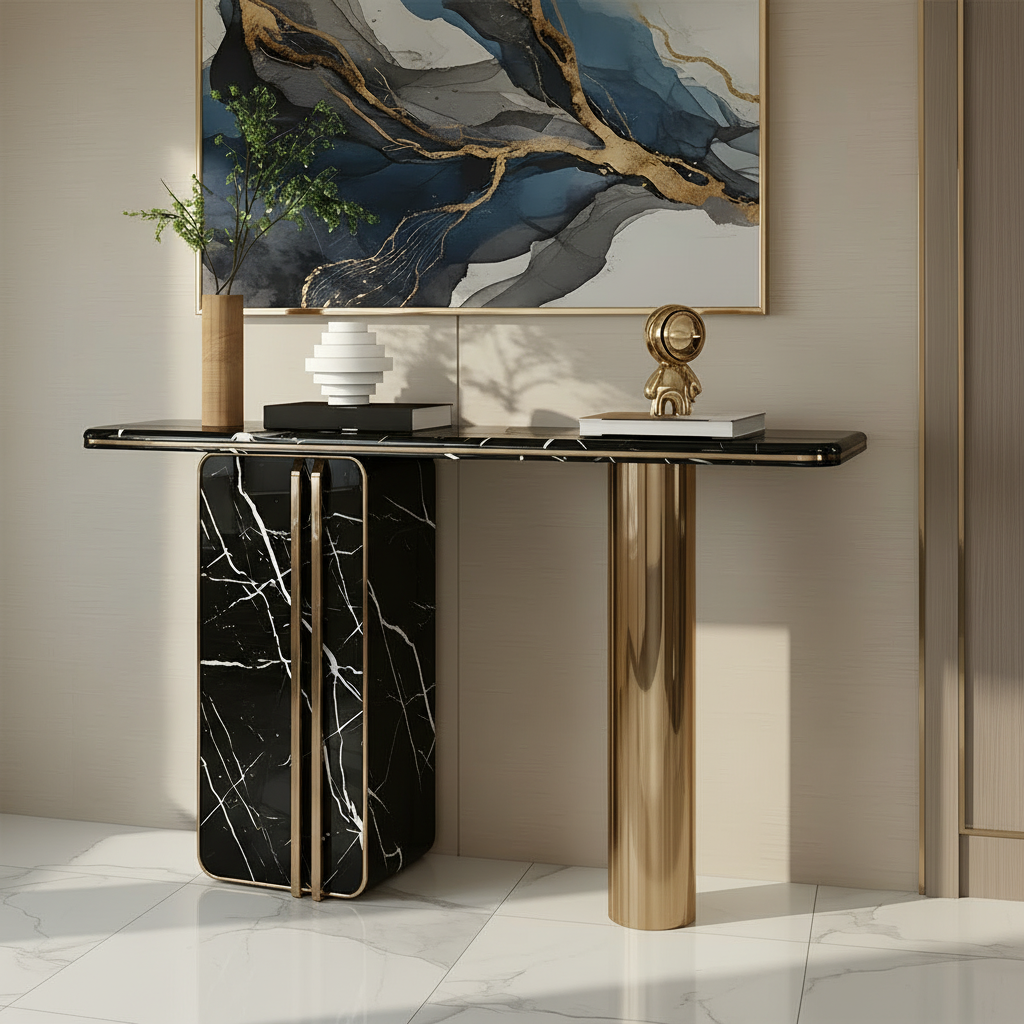 Gold & Black Marble Asymmetric Console Table - Image 4