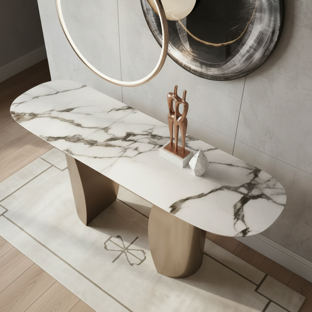 Gold Curved-Base Marble Console Table - Image 4
