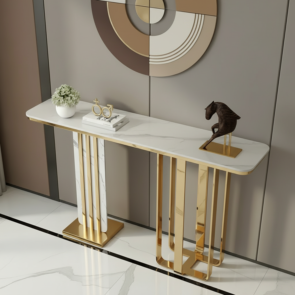Gold Slat & Marble Panel Console Table - Image 4