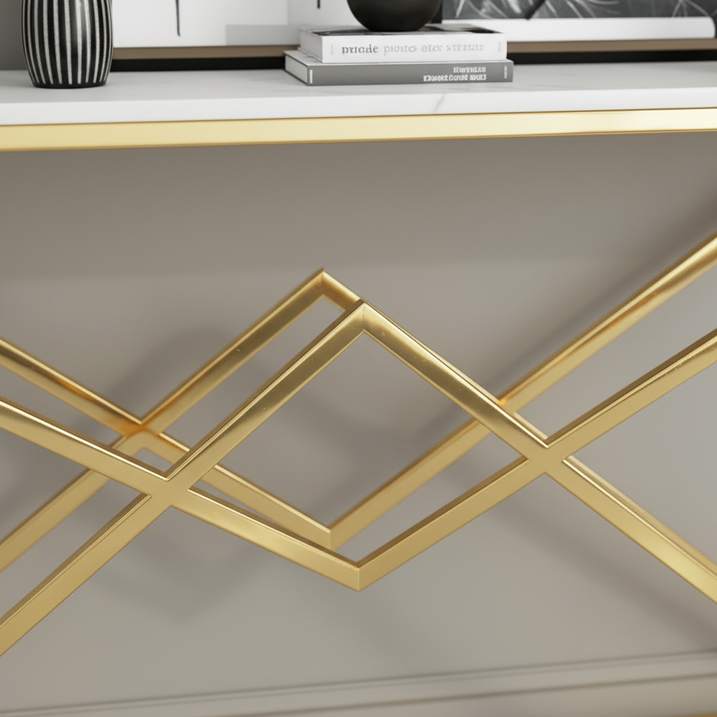 Gold Geometric Diamond-Base Marble Console Table - Image 4