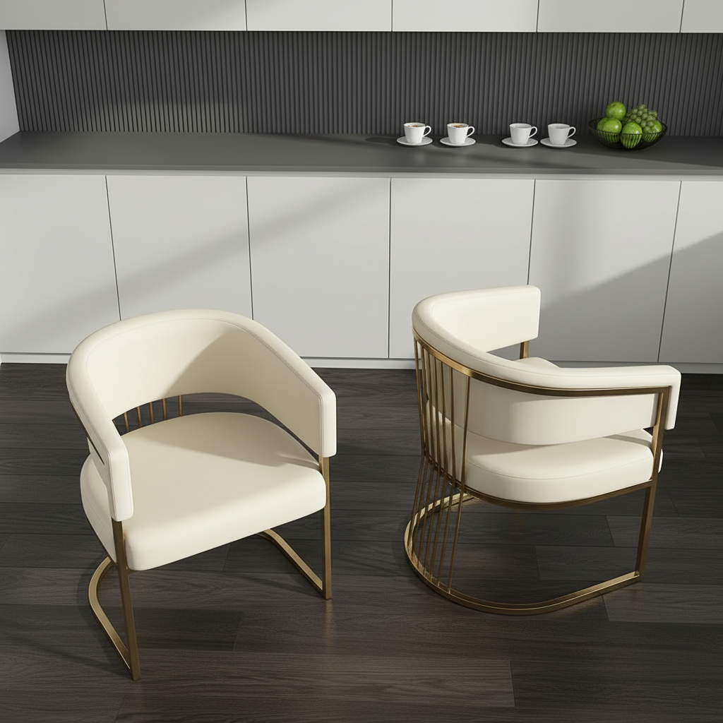 Gold-Framed Off-White Leather Barrel Dining Chair - Image 3