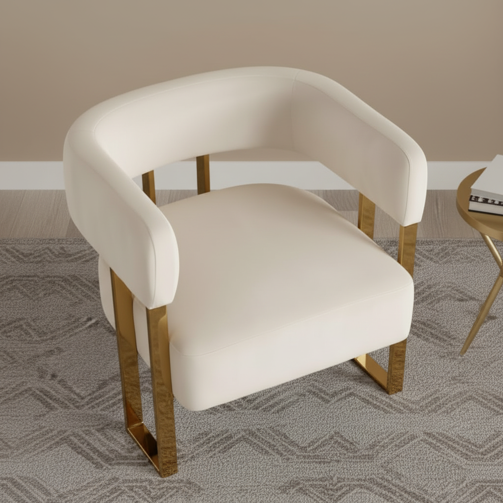 Gold Framed Cream Leather Barrel Accent Chair - Image 3