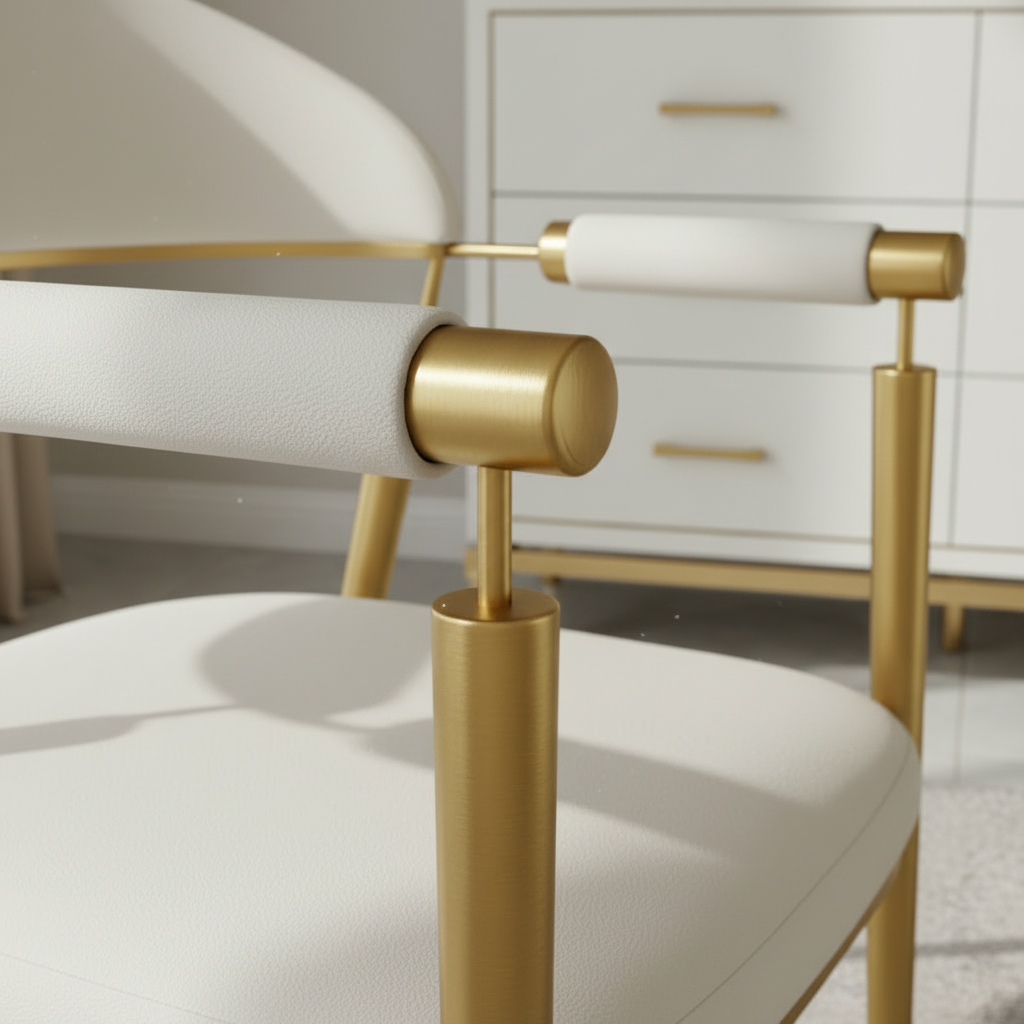 Gold-Framed White Leather Armchair with Bolster Armrests - Image 3