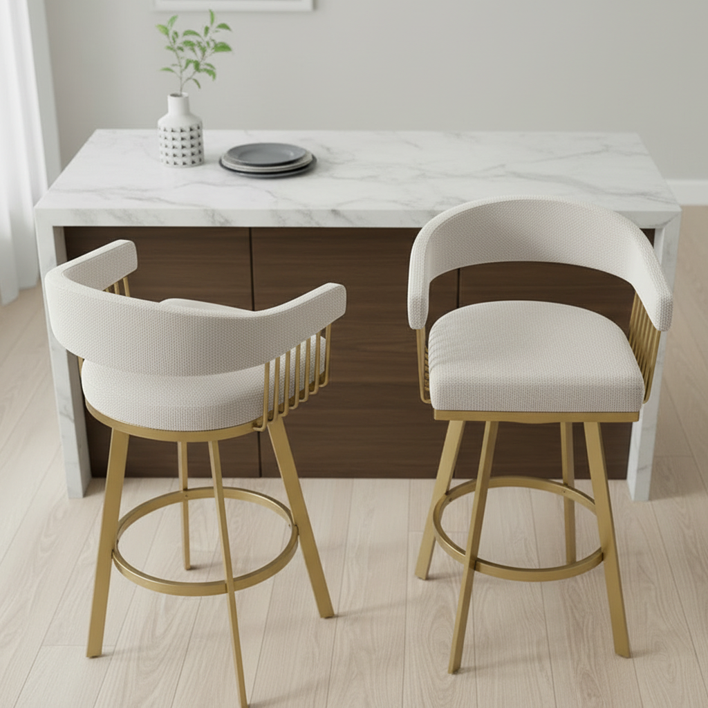 Modern Gold-Framed Swivel Bar Stools with Off-White Fabric Seat - Image 3