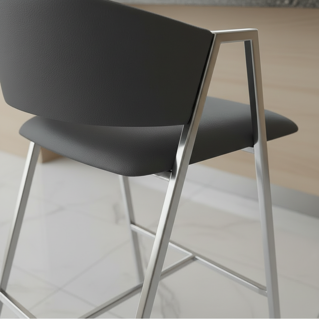 Modern Silver-Framed Black Leather Bar Stools - Image 3