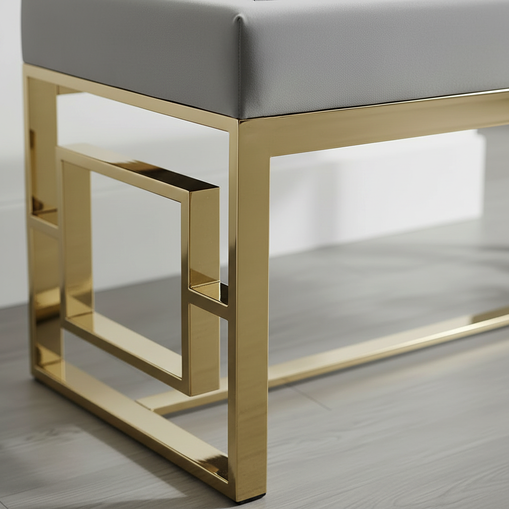 Modern Gold Geometric Square-Base Tufted Grey Bench - Image 4