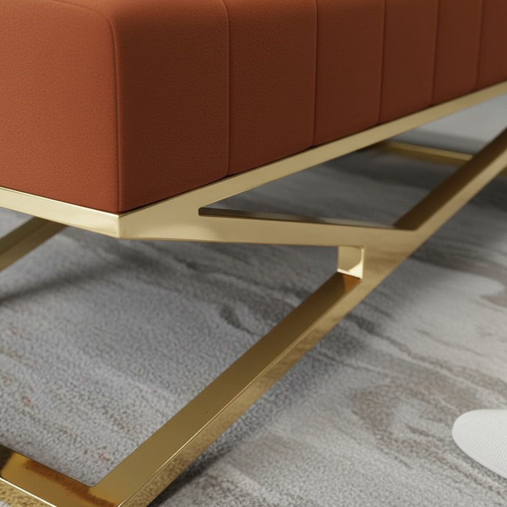 Modern Gold Z-Frame Channel-Tufted Rust Orange Bench - Image 4