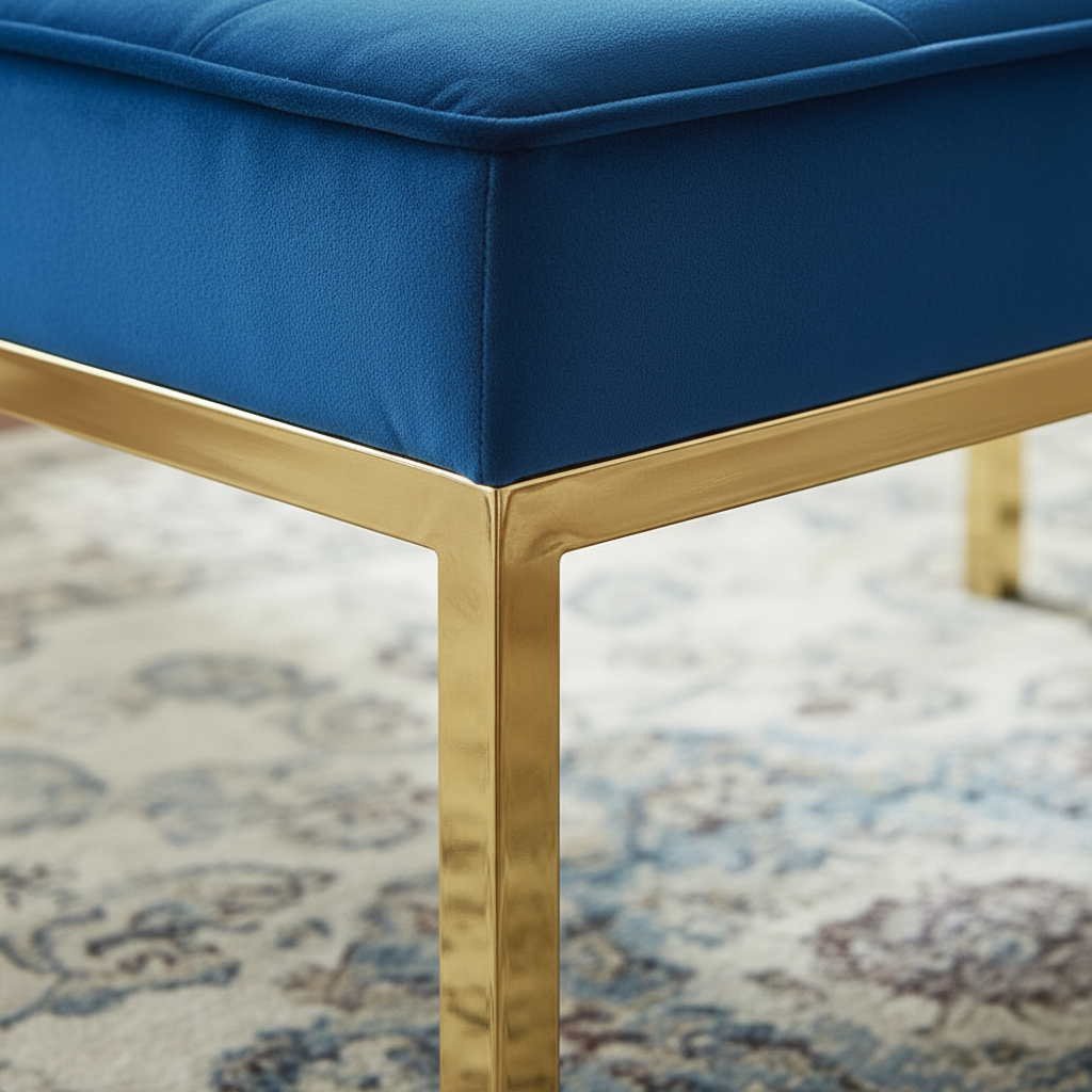 Modern Gold-Framed Royal Blue Velvet Tufted Bench - Image 4