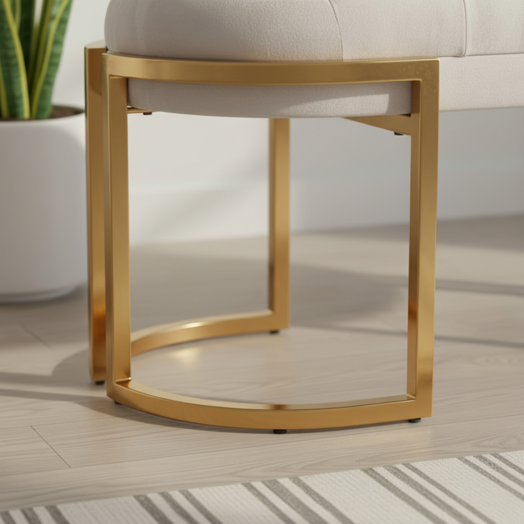 Modern Gold-Framed Ribbed Grey Fabric Bench - Image 4