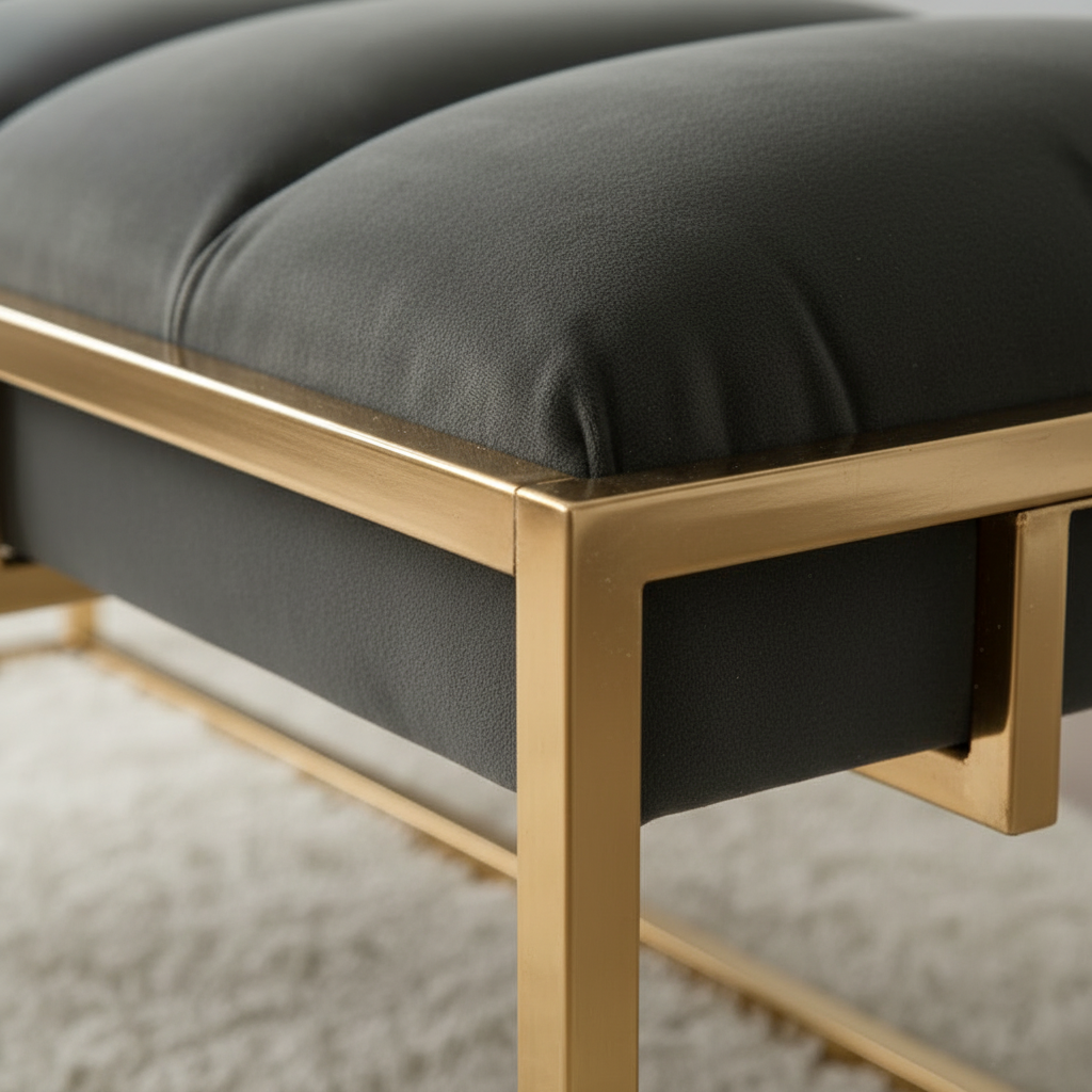 Modern Gold-Framed Channel-Tufted Charcoal Fabric Bench - Image 4