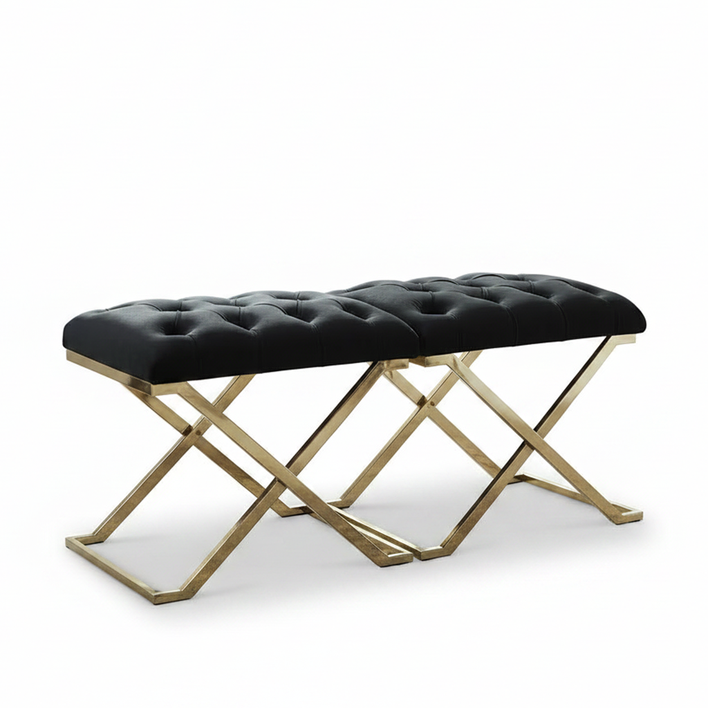 Modern Gold X-Frame Tufted Black Velvet Bench - Image 3