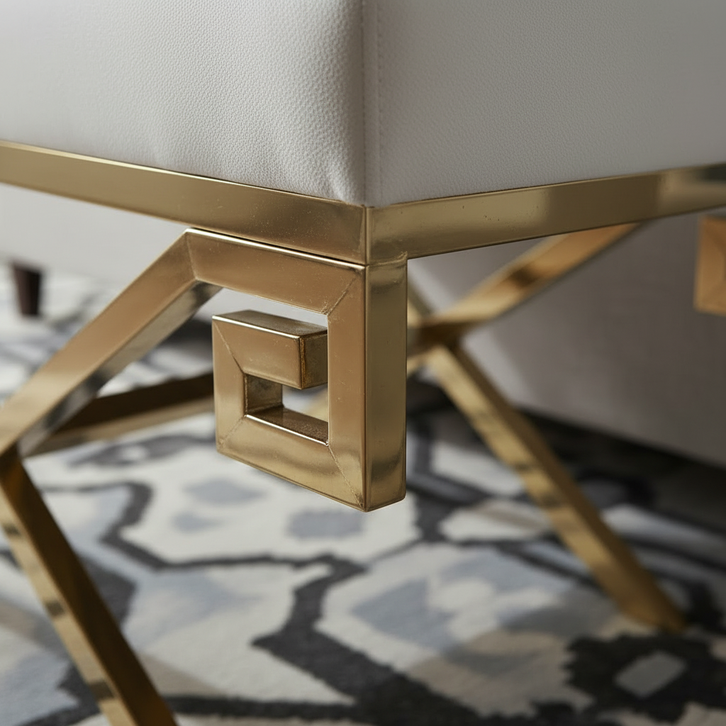 Modern Gold Greek-Key X-Frame White Fabric Bench - Image 4