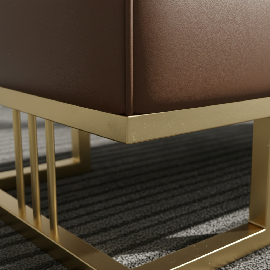 Modern Gold-Framed Diamond-Quilted Brown Leather Bench - Image 4