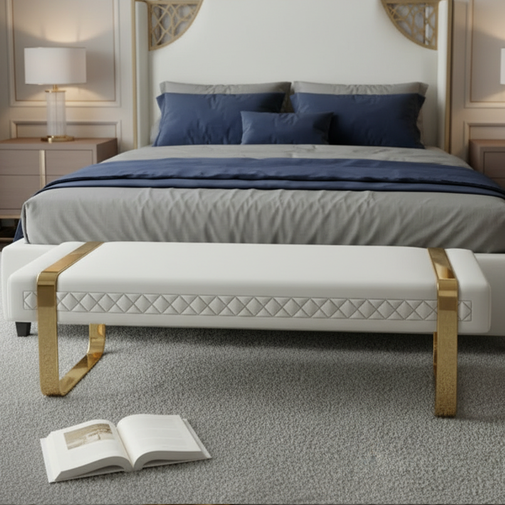 Modern Gold-Framed Diamond-Stitched White Leather Bench - Image 4