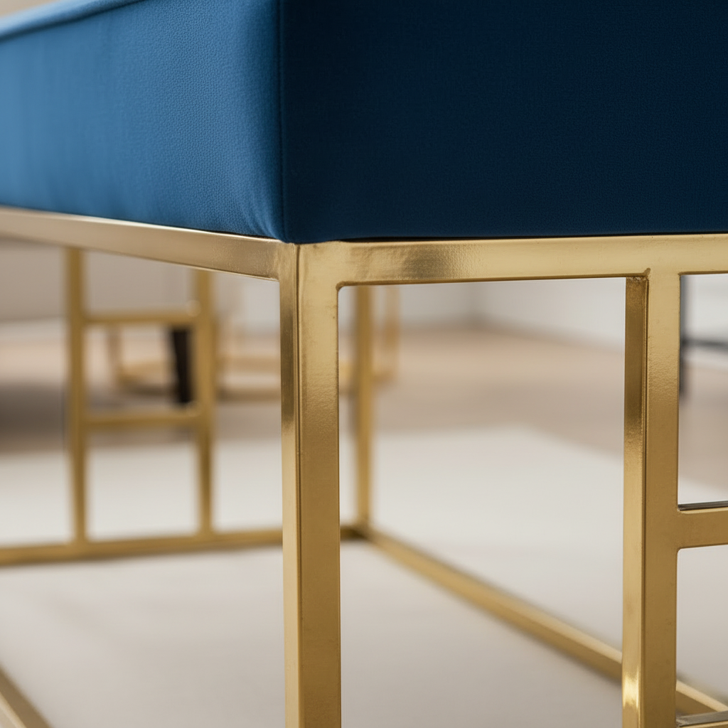 Modern Gold Geometric Square-Base Royal Blue Velvet Bench - Image 4