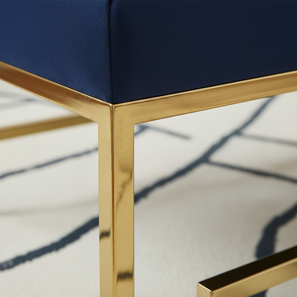 Modern Gold Geometric-Base Royal Blue Velvet Bench - Image 4