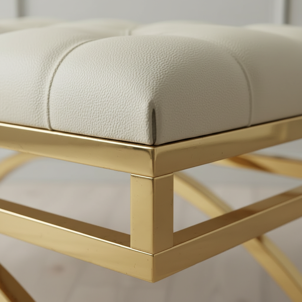 Modern Gold Arched-Frame Tufted White Leather Bench - Image 4