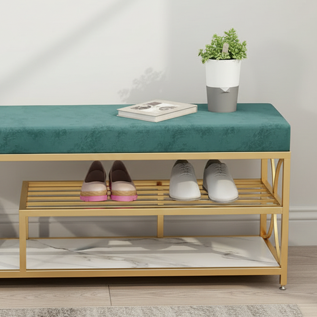 Modern Gold-Framed Teal Velvet Shoe Rack Bench - Image 4