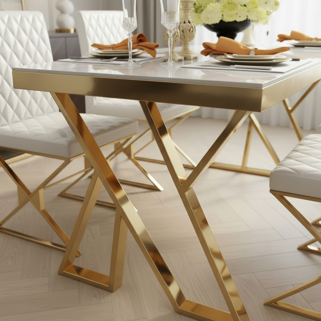 Modern Gold-Framed Marble Table & White Tufted Chairs Dining Set - Image 4