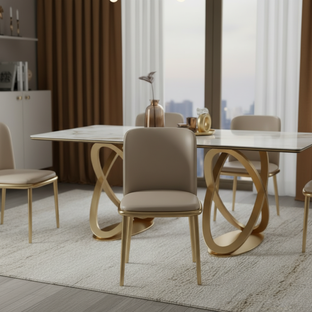 Modern Gold Spiral-Base Marble Table & Beige Leather Chairs Dining Set - Image 4