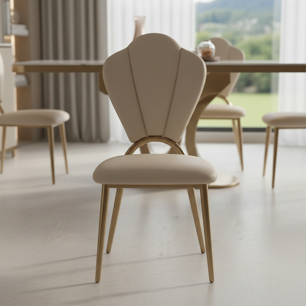 Modern Gold U-Base Marble Dining Table & Petal-Back Chairs Dining Set - Image 4