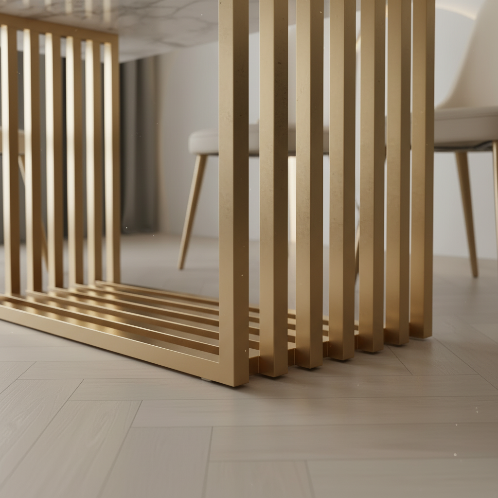 Modern Gold Slat-Base Marble Dining Table & Beige Leather Chairs Dining Set - Image 4