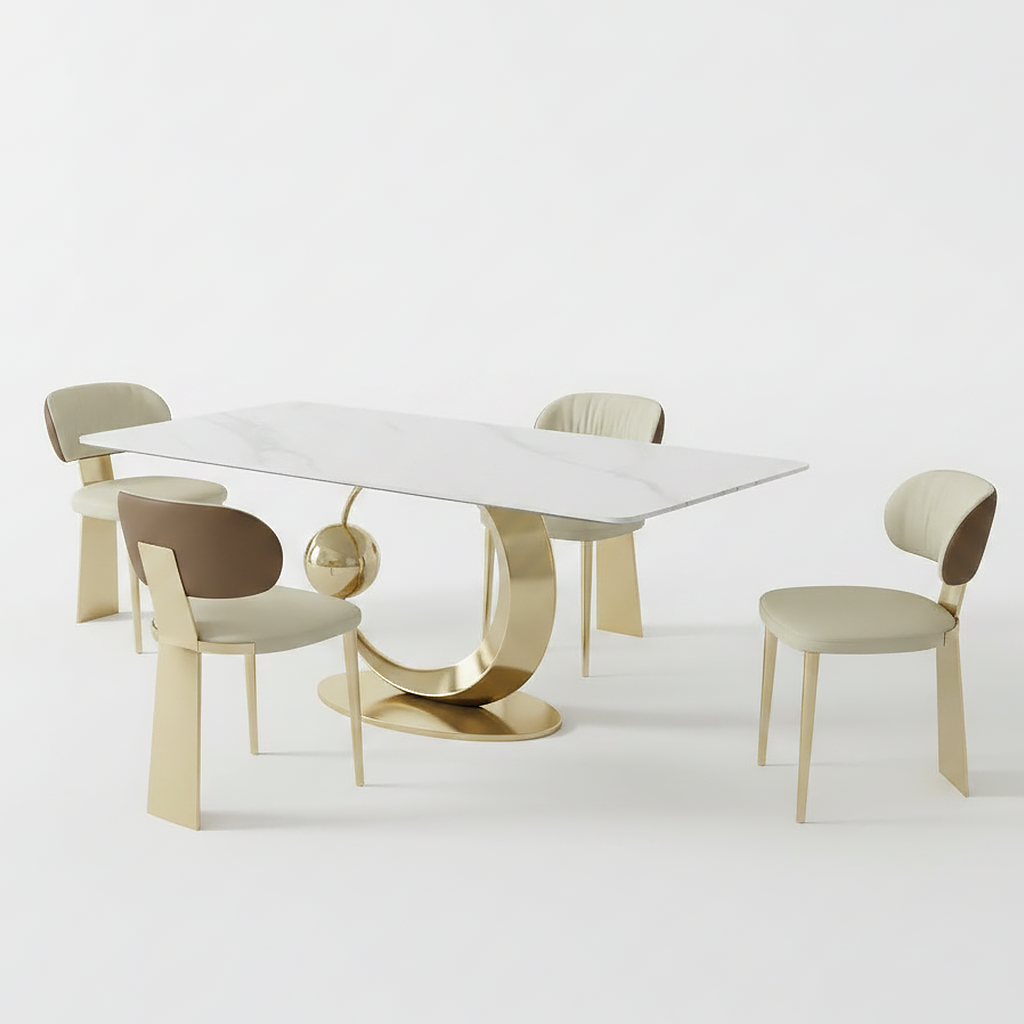 Modern Gold Crescent-Base Marble Dining Table & Two-Tone Leather Chairs Dining Set - Image 4