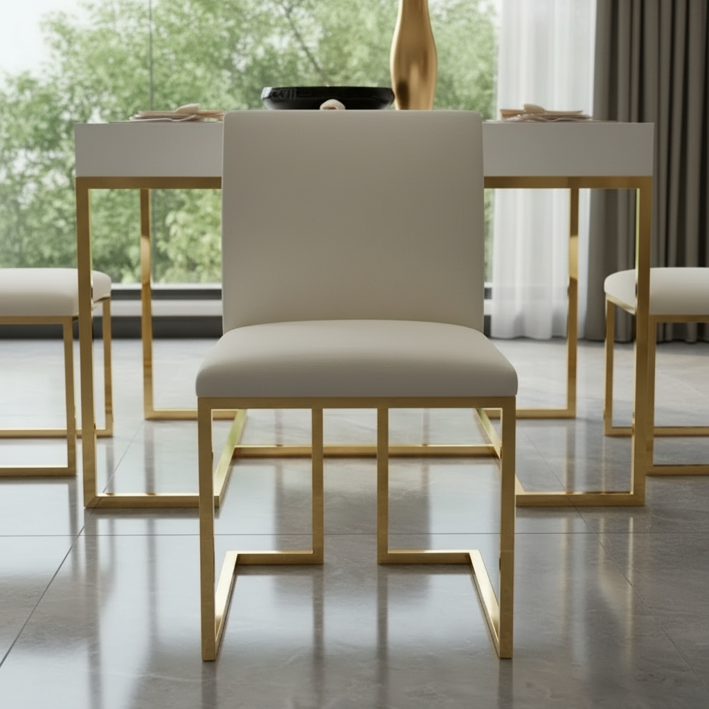 Modern Gold-Framed White Dining Table with Geometric Chairs - Image 4