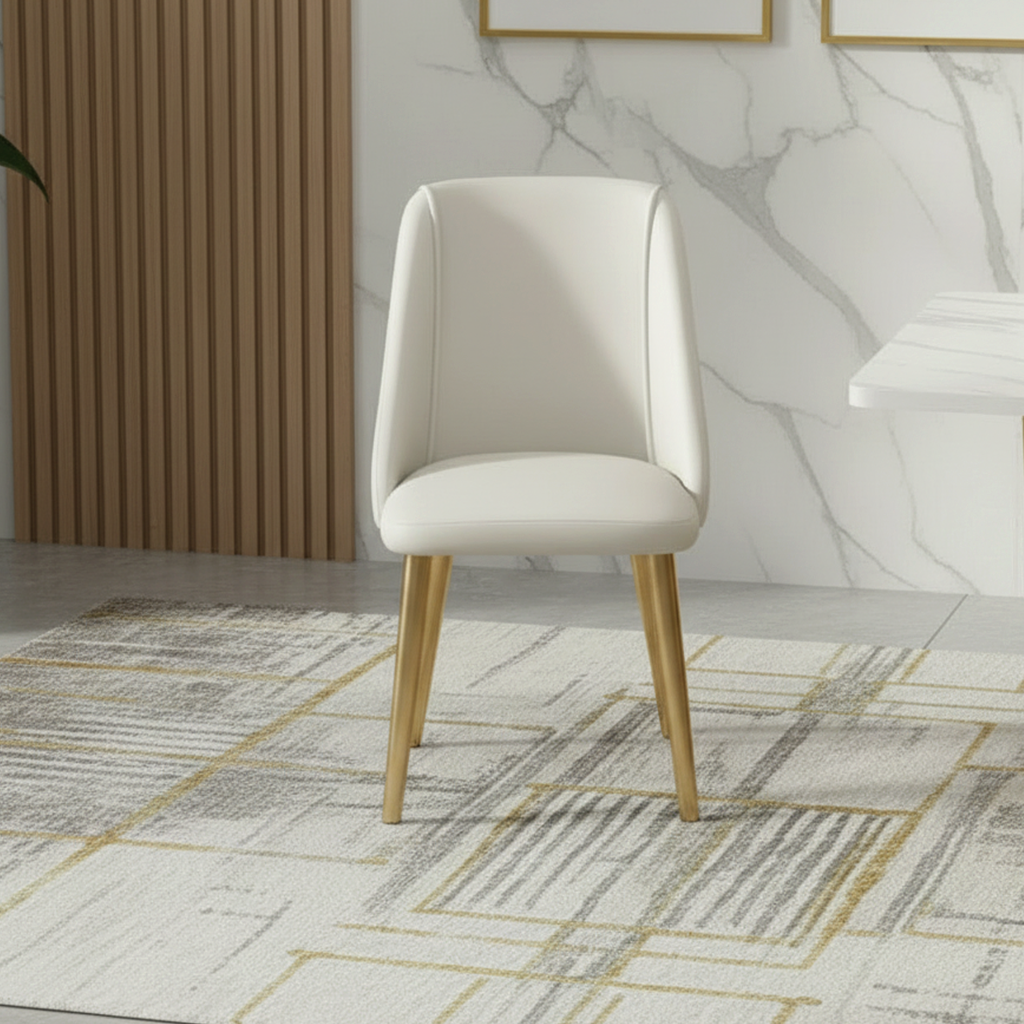 Modern Gold U-Base Marble Dining Table & White Leather Chairs Dining Set - Image 4