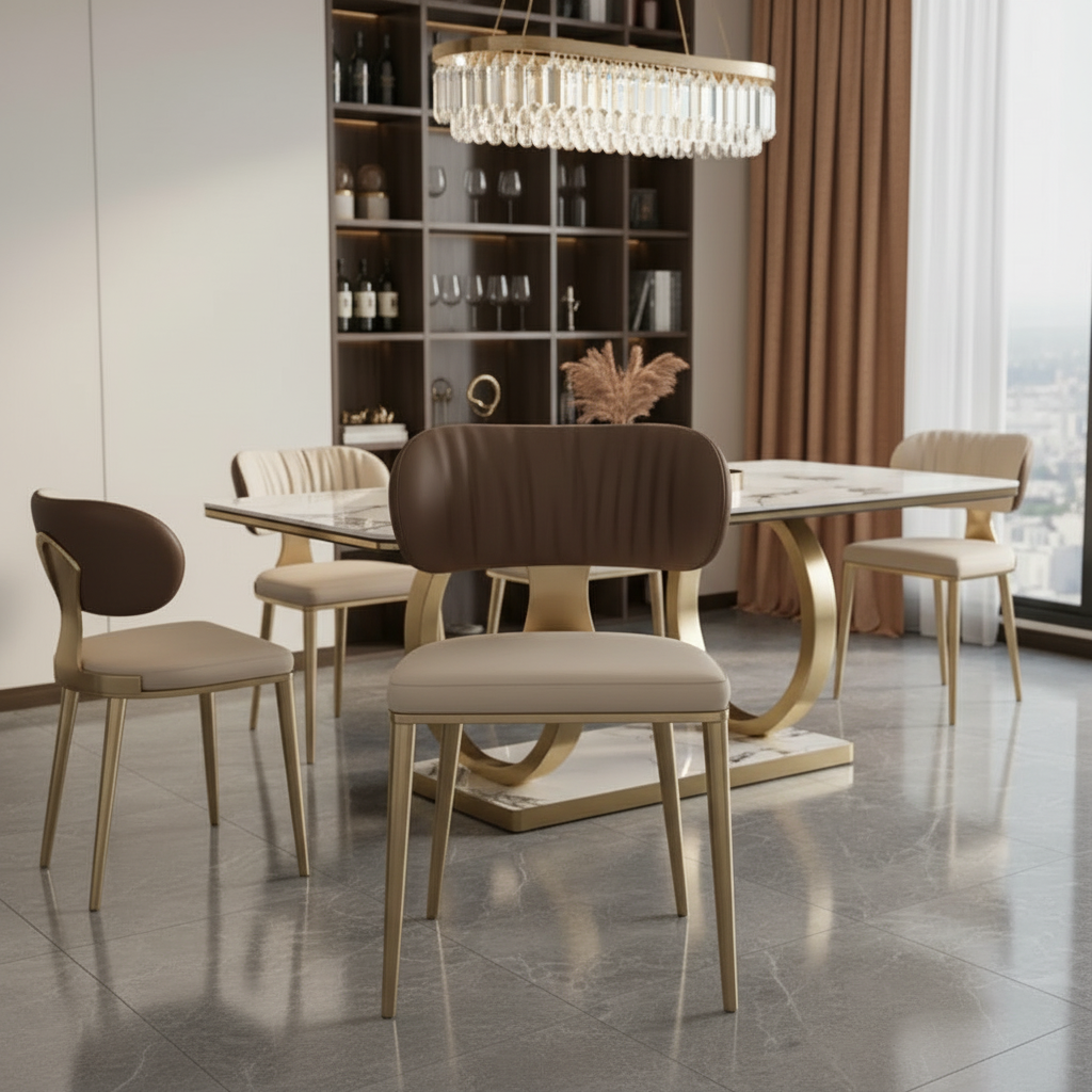 Modern Gold Double-Ring Base Marble Dining Table & Two-Tone Chairs Dining Set - Image 4
