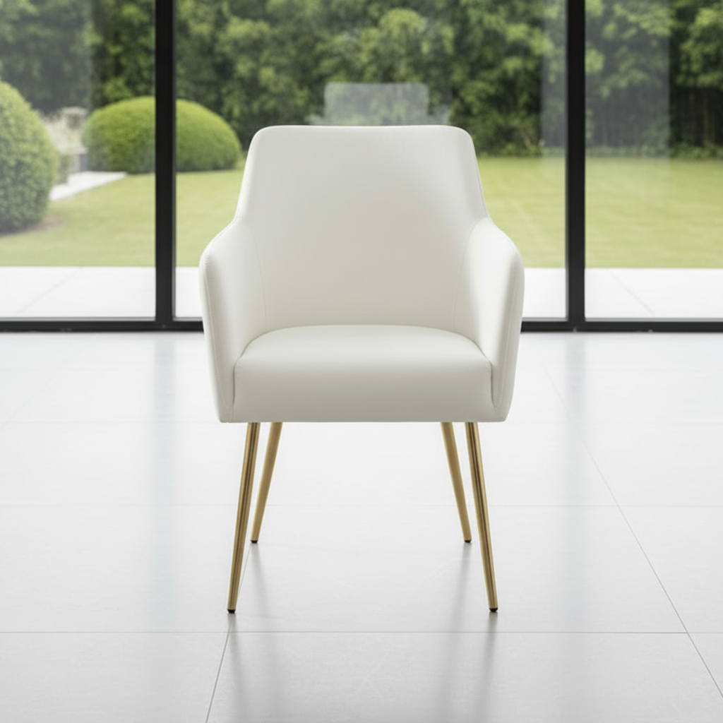Modern Gold Star-Base Glass Dining Table & White Leather Chairs Dining Set - Image 4