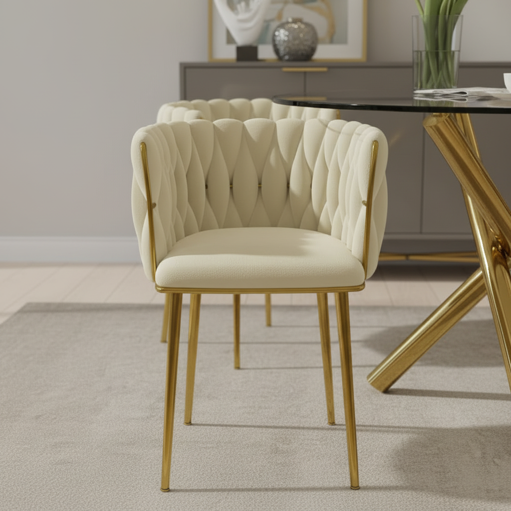 Modern Gold Base Glass Dining Set – Cream Padded Chairs - Image 4